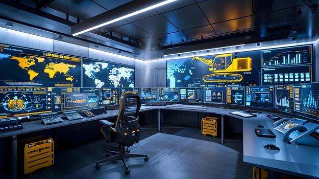Futuristic Control Room Monitoring Autonomous Construction Equipment Through Advanced Interfaces and Analytical Dashboards photo