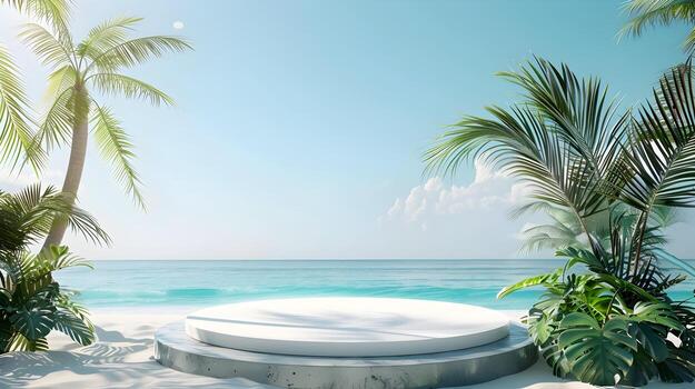 Idyllic 3D Rendered Summer Podium on Tropical Beach with Palm Trees and Ocean Backdrop,Perfect for Holiday Product Display photo