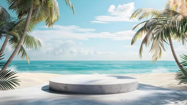 Tranquil 3D Rendered Summer Podium on Tropical Beach with Palm Trees and Ocean Backdrop,Perfect for Showcasing Holiday Products photo