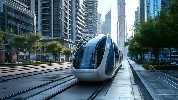 Futuristic Autonomous Public Transit System Gliding Through Innovative Urban Landscape photo