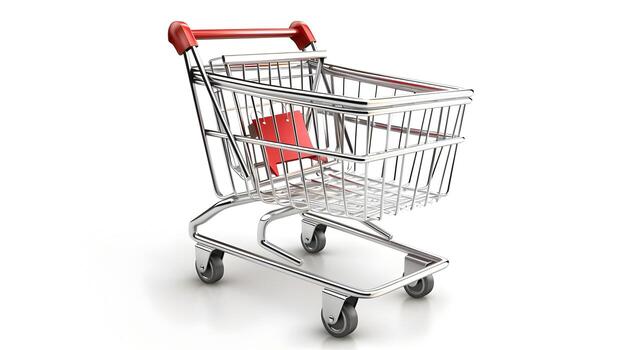 Metallic and Shiny 3D Shopping Cart Icon Representing E-commerce and Consumerism photo
