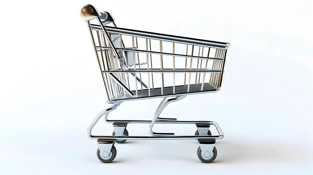 Metallic Shiny 3D Shopping Cart Icon Representing E-commerce and Consumerism on White Background photo