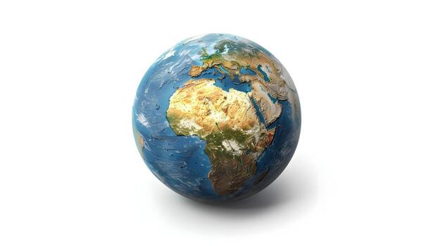 3D Rendering of a Detailed Globe Depicting Continents and Oceans on a White Background,Emphasizing Worldwide Connectivity and Internationality photo