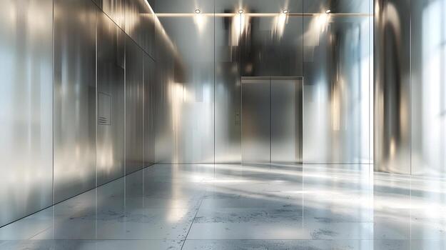 Sleek Metallic Hallway with Polished Reflective Surfaces and Soft Ambient Lighting in a Modern Gallery Interior photo