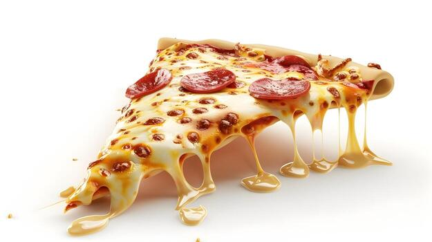 3D Melty Pepperoni Pizza Slice with Oozing Cheese on White Background Representing Fast Food Indulgence photo