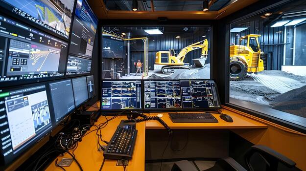 High-Tech Control Room Monitoring Autonomous Construction Equipment via Advanced Interfaces and Displays photo