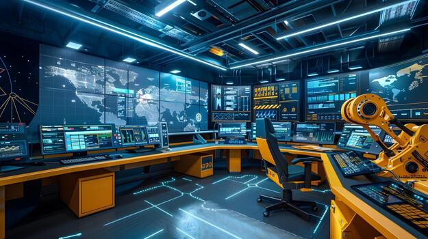 Futuristic High-Tech Control Room Monitoring Autonomous Construction Machinery via Advanced Screens and Interfaces photo