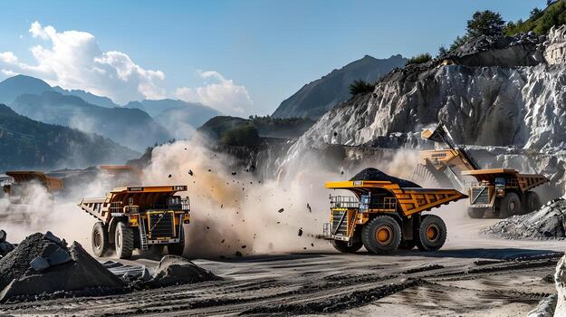 Autonomous Dump Trucks and Loaders Extracting and Transporting Materials in a Quarry Setting photo