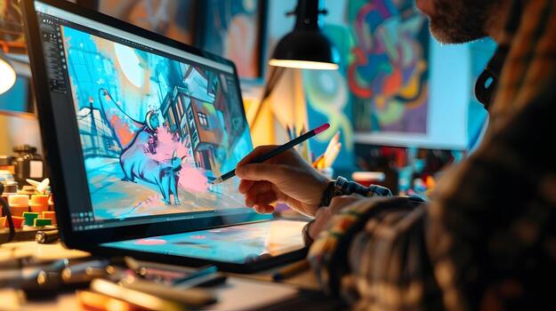 Detailed Shot of a Digital Vibrant Workspace with Stylus,Tablet,and Colorful Digital Art on the Screen,Representing the Modern Creative Lifestyle photo