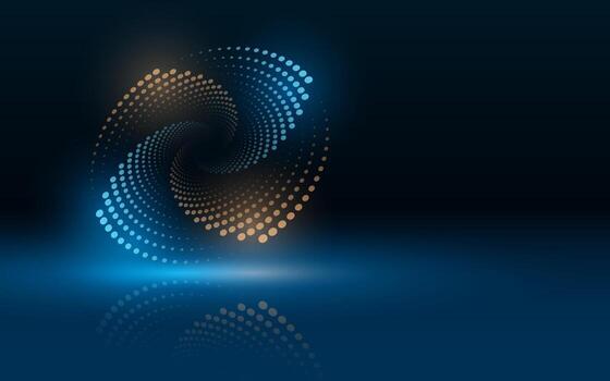 Abstract template of gold and blue light dotted glowing lines on black background with reflection. vector