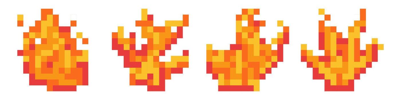 Pixel arcade game fire art. 8bit flame animation with blazing effect. Burning campfire for comic or badge. Flaming energy element with red spark. Heat and fiery power shape set. vector