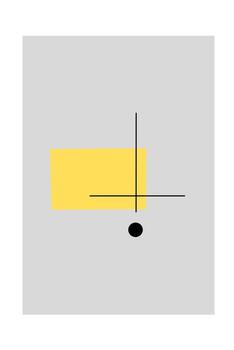 Minimalist abstract design featuring a yellow rectangle, two intersecting black lines, and a small black circle on a light gray background. Simple and clean. vector
