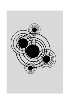Abstract geometric design with overlapping black solid circles surrounded by multiple concentric thin black rings on a light grey background. Modern and dynamic. vector