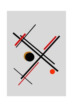 Dynamic abstract design with intersecting black and red lines and circles in black, red, and mustard on a light gray background. Modern, geometric, and stylish. vector