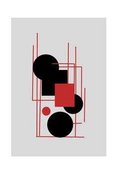 Abstract design with black circles, red squares, and intersecting red lines on a gray background. A bold and modern composition with geometric balance and contrast. vector