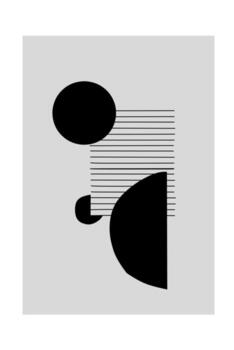 Monochrome abstract design with bold black geometric shapes including circles and a semicircle, combined with parallel horizontal lines on gray background. vector