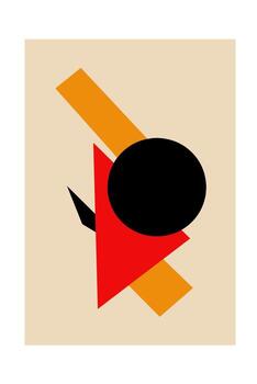 Bold abstract design with overlapping black circle, red triangle, and orange rectangle on a beige background. Modern, vibrant, geometric, and visually striking. vector