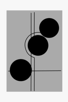 minimalista resumen obra de arte presentando Tres negro círculos y intersectando Delgado negro líneas en un gris fondo, creando un armonioso geométrico balance. vector