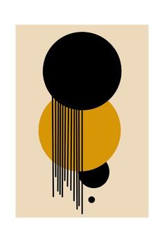 resumen geométrico composición con grande negro y mostaza círculos, alargado negro líneas goteo hacia abajo, en beige antecedentes. minimalista, moderno, y equilibrado diseño. vector