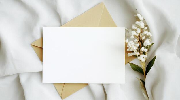 Mockup of a boho-style invitation card with an envelope on textured fabric photo