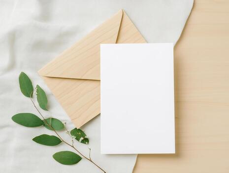 Elegant boho invitation card mockup on a soft textured surface with greenery photo