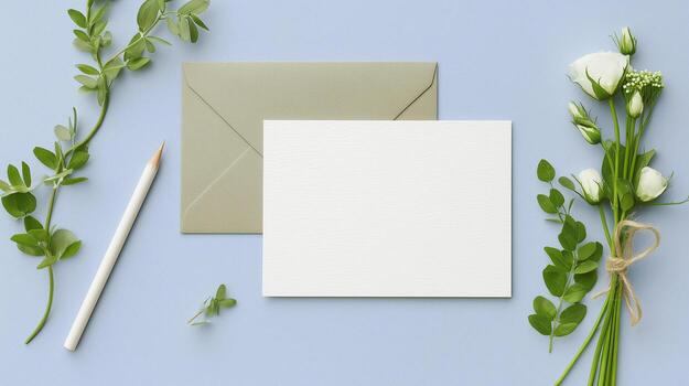 Elegant boho invitation card mockup with greenery and envelope on soft blue background photo