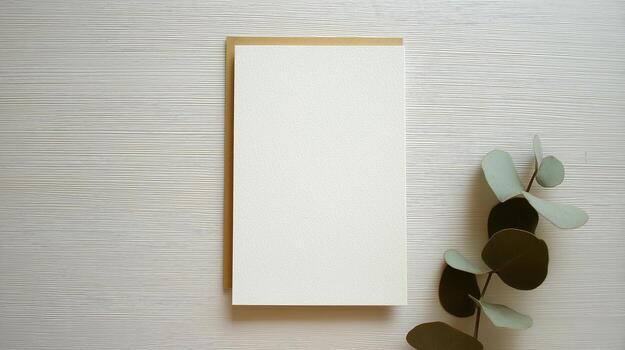 Mockup of a boho invitation card on a textured surface with greenery photo