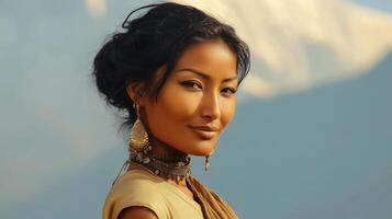 Portrait of an oriental woman with stunning features against a mountain backdrop in bright daylight photo
