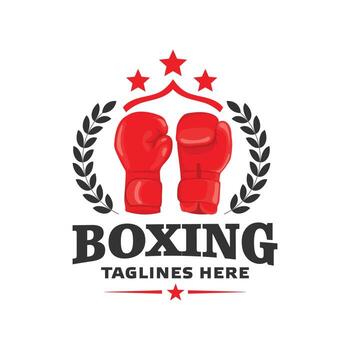 Boxing emblem design featuring two red gloves facing each other, surrounded by stars and laurel branches vector