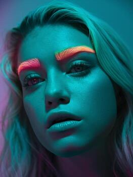 A close-up of a young woman with glowing eyebrows and an ethereal expression, set against a soft gradient background. photo