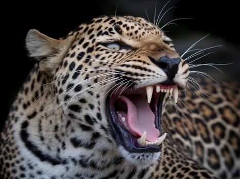 Close-up of a fierce leopard roaring with its mouth open, showcasing sharp teeth and unique fur pattern. photo