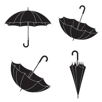 Four black and white silhouette illustrations of umbrellas in various open and closed positions vector