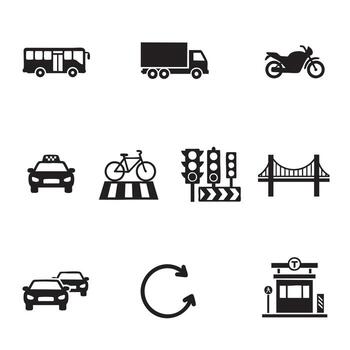 Collection of nine black icons depicting various modes of transportation and traffic elements vector