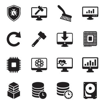 Computer Technology and Data Management Icons Featuring CPU Hard Drive and Security Shield vector