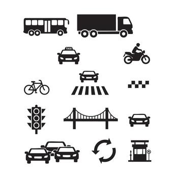 Set of black and white icons depicting various modes of transportation and road elements vehicle vector