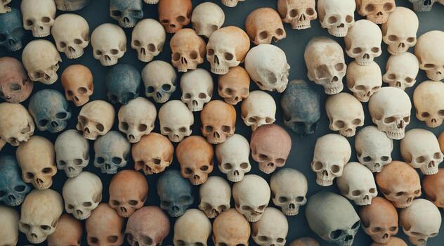 A vibrant array of human skulls in various colors creating a striking visual impact. photo