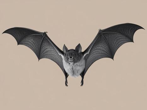 An aerial view of a grey bat with open wings, showcasing its intricate wing structure against a neutral background. photo