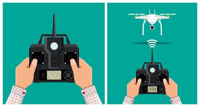 Man hand holding remote controller for drone vector