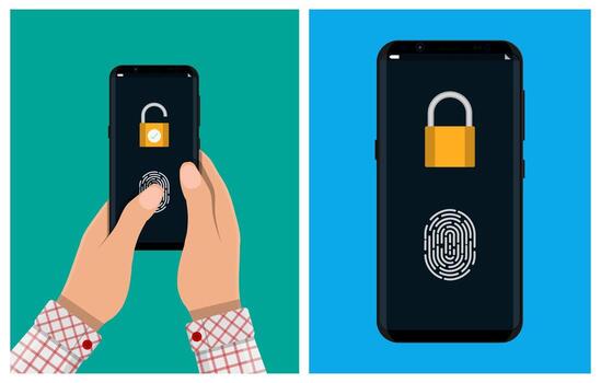 Man holding smartphone unlocking with fingerprint vector