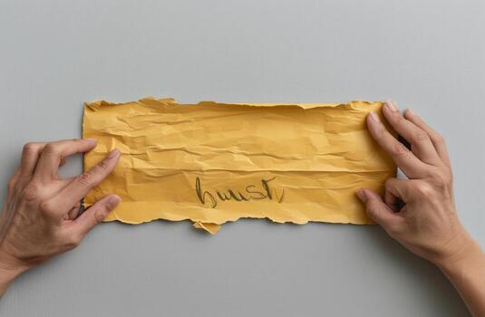 Hands holding a crumpled yellow paper with the word 'hustle' written in cursive. photo