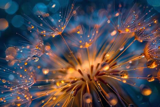 de cerca de delicado diente de león semillas con reluciente gotas, creando un mágico y etéreo atmósfera. foto