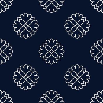 elegante floral modelo diseño en un Armada antecedentes. esta sin costura modelo caracteristicas un repitiendo diseño de estilizado blanco flores, creando un sofisticado y artístico visual vector