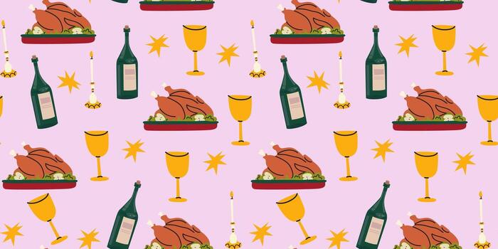 Colorful dinner pattern with food and drinks vector