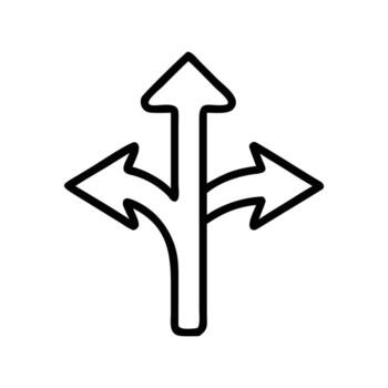 Black diverging arrow sketch points in three directions illustrating decision making on transparent background vector