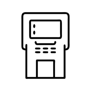 Black outline depicts payment terminal with screen and buttons on transparent background vector