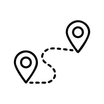Route map shows dotted line connecting two location pin icons in black vector