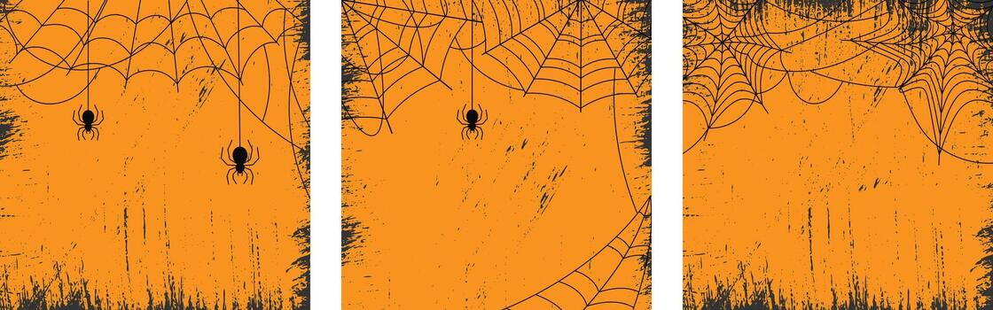 Black Spider Web and spiders, cobweb on orange grunge square background set, illustration vector