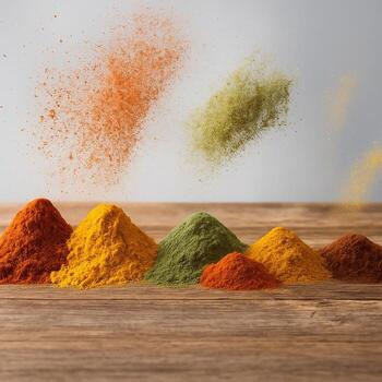 food photography of vibrant spices arranged in artistic piles on a wooden surface with colorful powders floating in the air creating a lively and aromatic atmosphere photo