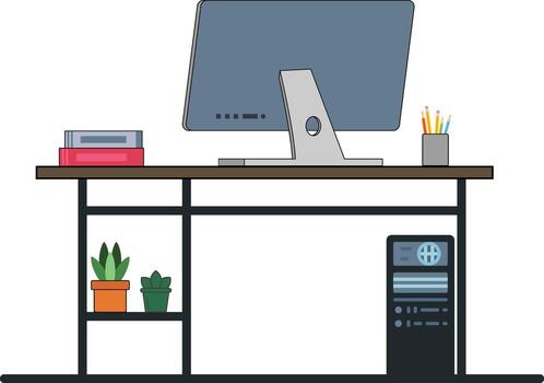 Desk with computer and plants vector