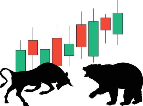 two bears and a bull are shown in front of a stock chart vector